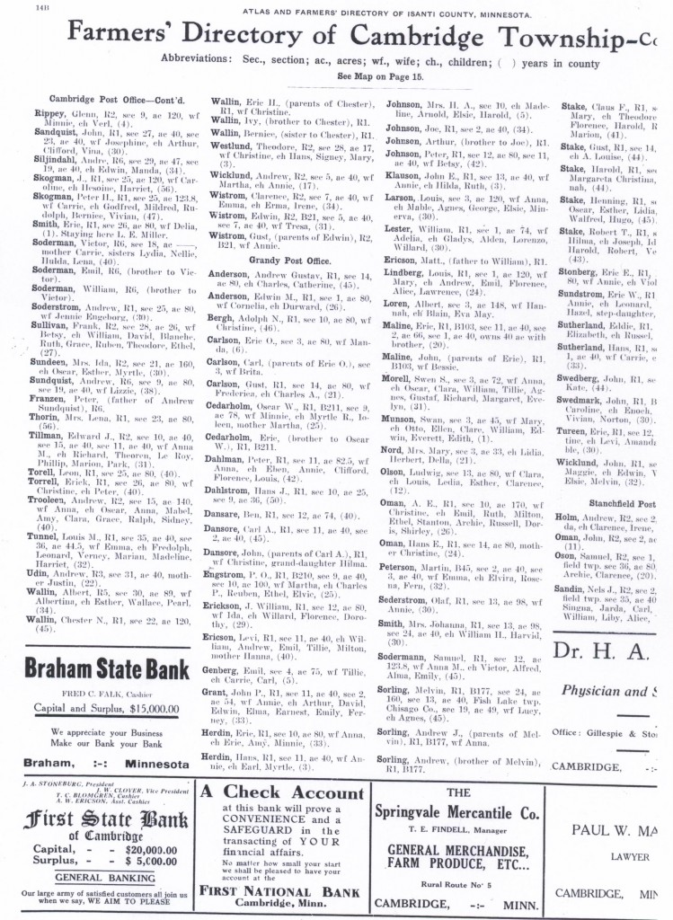 Cambridge Township Farmers Directory 1914 See Ben Dansare -farm 74 acres