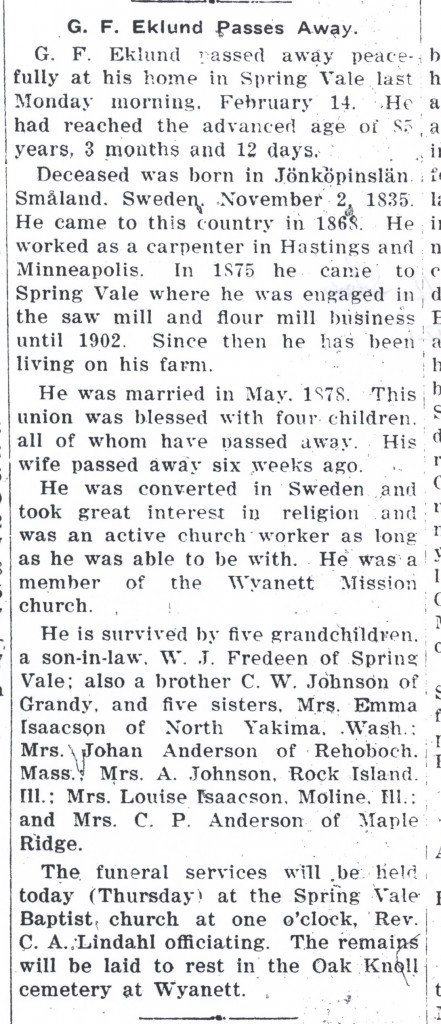 Gustaf Frederick Eklund b.Nov.2,1835 d.Feb.14,1921 The North Star Feb.17,1921 001