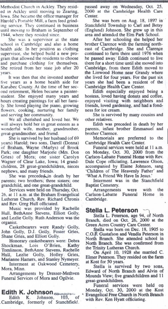 Edith K. Johnson b.Aug.18,1897 d.Oct.25,2000 Cambridge Star Nov.1,2000